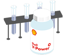 Engine from car, test tubes and Shell V-Power branded bottles